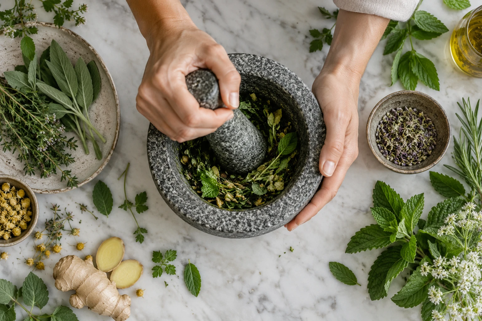 Hands preparing natural herbs with a mortar and pestle
