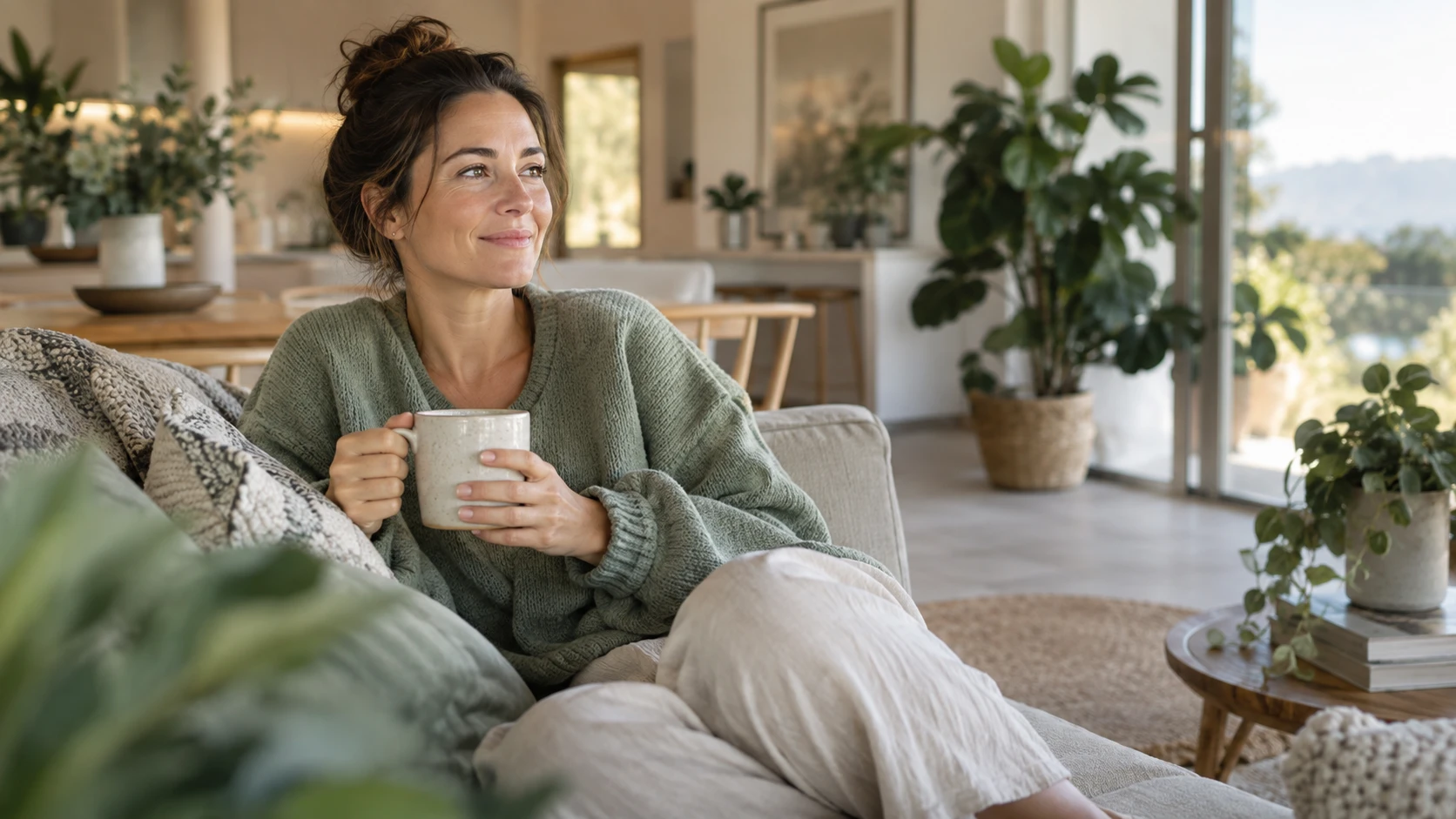 Woman relaxing at home with a warm drink